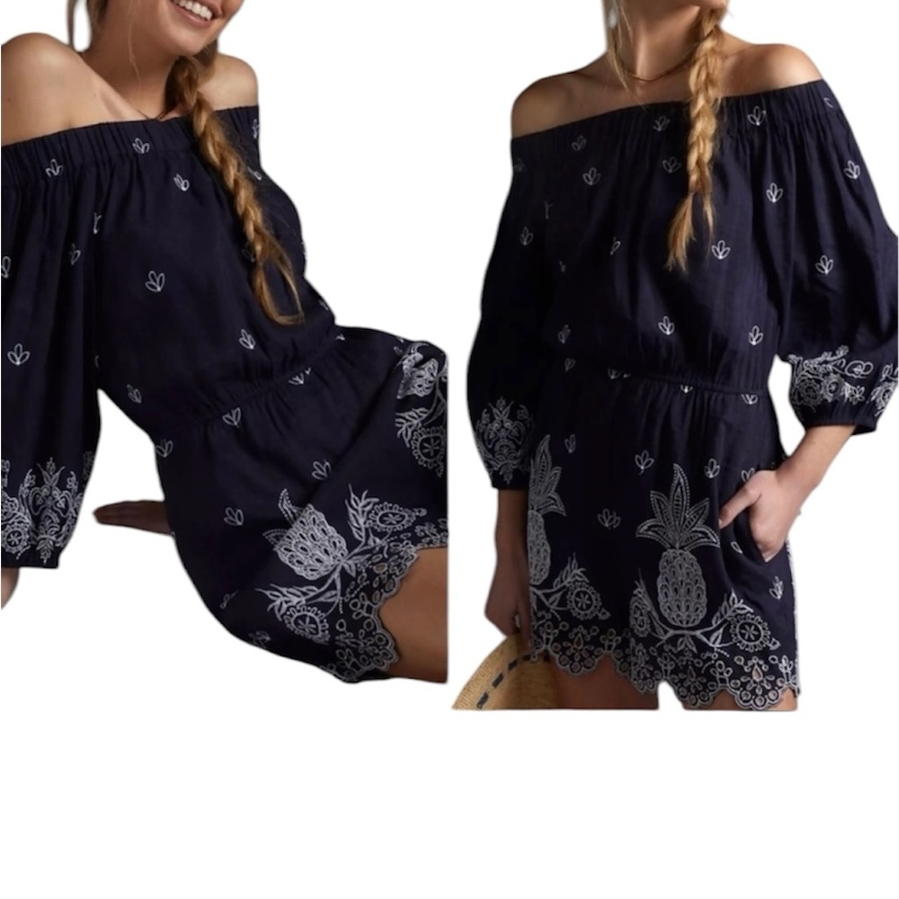 Farm Rio x Anthro Jackie Embroidered Linen Off-Shoulder Pineapple Navy Romper S